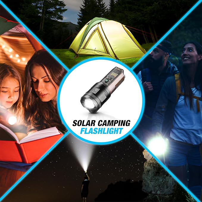 Solar Camping Flashlight, Ideal for Camping Essentials. This Midsize Heavy Duty Survival Gear Flash Light Includes A Black Light/UV Light & More. Essentials for Camping Gear & Hunting Gear
