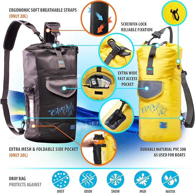 Dry Bags Waterproof (10L - Yellow) - Dry Bags for Kayaking Waterproof - Dry Sack Water Bag - Water Proof Bag - Waterproof Bags for Boating - Waterproof Backpacks - Waterproof Floating Bag