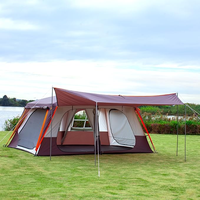 KTT Extra Large Tent 10-12-14 Person(B),Family Cabin Tents,2 Rooms,3 Doors and 3 Windows with Mesh,Straight Wall,Waterproof,Double Layer,Big Tent for Outdoor,Picnic,Camping,Family Gathering