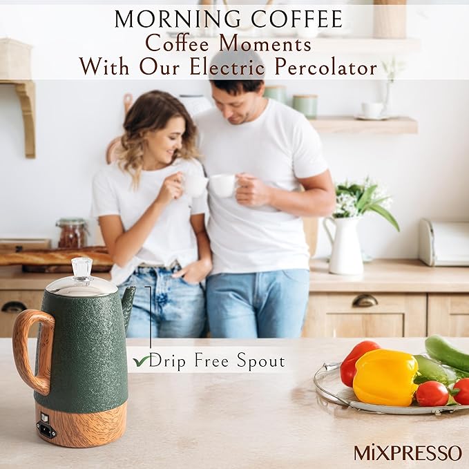 Mixpresso Percolator Coffee Pot Electric 10 Cup, Green Coffee Maker, Coffee Percolator Electric With Keep Warm Function, 10 Cups Stainless Steel Perculator With Basket (Shiny Green)