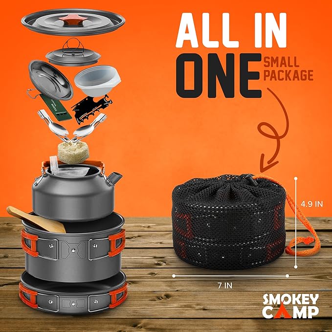 Camping Cookware Mess Kit Set with Stove - Backpacking Compact Camping Cookware, All in One Non-Stick Camping Cooking Set, Portable Stove, Hiking, Picnic, Outdoor & Camping Cookware Set