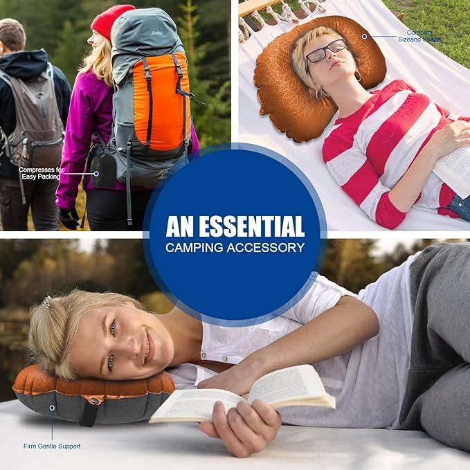 DAWNTREES Inflatable Pillow for Camping,Portable Compressible Ultra-light Travel Inflatable Pillow for Sleeping,Support The Neck and Lumbar,Backpacking Essentials (Orange)