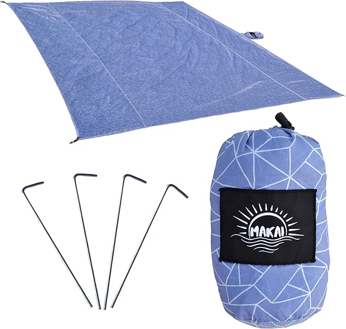 Makai – Lightweight Sheet Style Beach Blanket, Sand Dosen't Stick, Extra Large 8’ x 9’, Compact Strong Parachute Nylon Beach Mat, Stays Cool, Quick Drying, Multifunctional