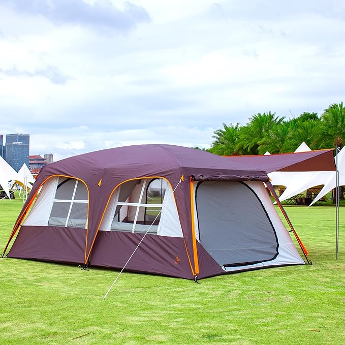 KTT Extra Large Tent 10-12-14 Person(B),Family Cabin Tents,2 Rooms,3 Doors and 3 Windows with Mesh,Straight Wall,Waterproof,Double Layer,Big Tent for Outdoor,Picnic,Camping,Family Gathering