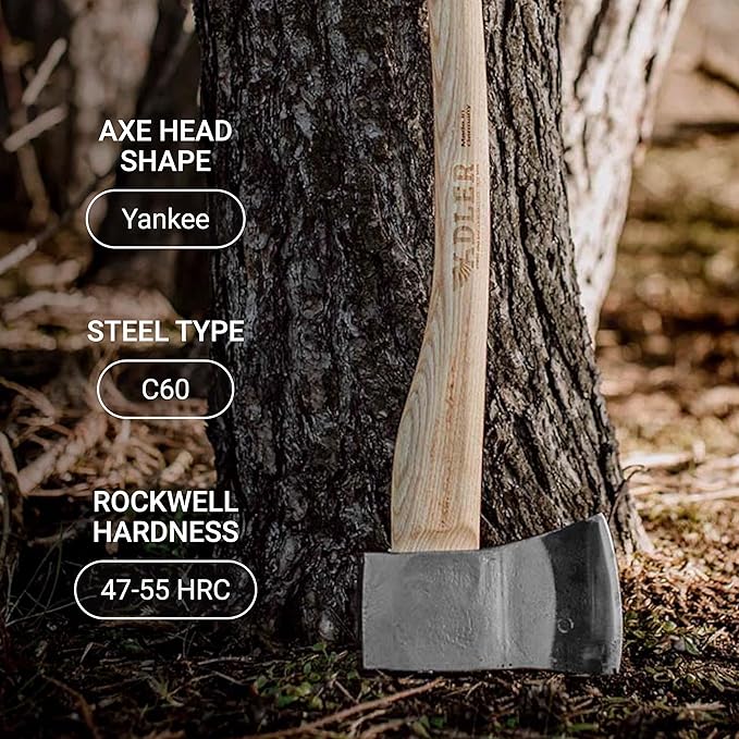 Adler - The Yankee Axe, Hickory Wood, Leather Sheath, German Made, Anti-Slip Head 1.35 pounds, Handle 19.5 inches (Red Stripe)