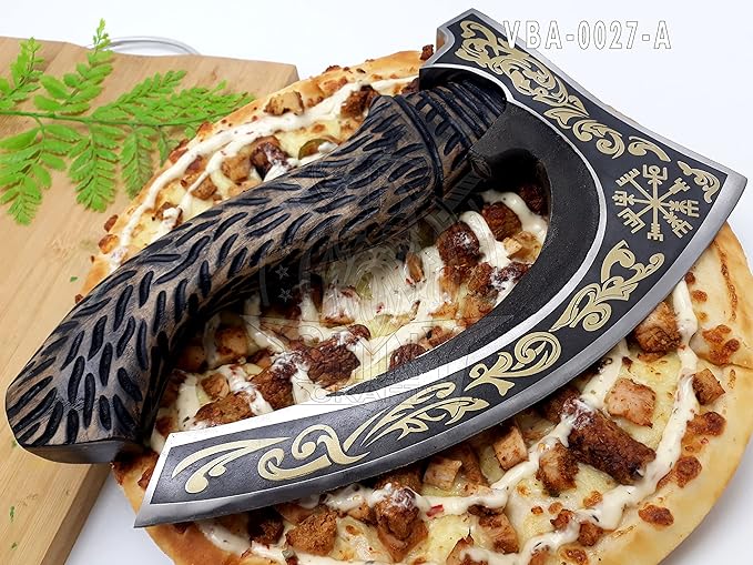 SHINY CRAFTS-Norse Viking Axe Wedding Gifts Camping Axe Berserker Axes-Handmade Viking Pizza Axe Authentic Medieval Pizza Cutter Axe with Carved Handle & Leather Sheath (VBA-27-A)