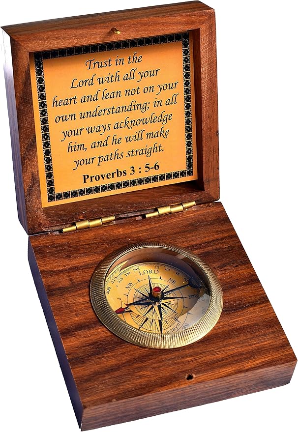 Trust in The Lord with All Your Heart -Proverbs 3: 5-6 Quote Brass Compass Gift with Wooden Box -Religious Gift for Men & Women -Christian, Catholic, Graduation, Sentimental & Inspirational Present