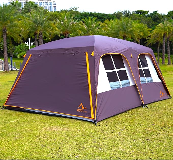 KTT Extra Large Tent 10-12-14 Person(B),Family Cabin Tents,2 Rooms,3 Doors and 3 Windows with Mesh,Straight Wall,Waterproof,Double Layer,Big Tent for Outdoor,Picnic,Camping,Family Gathering