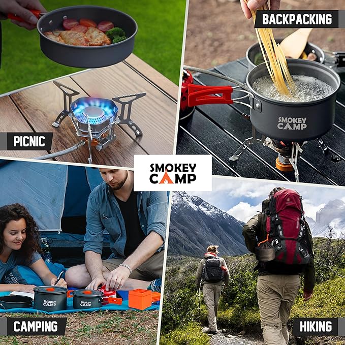Camping Cookware Mess Kit Set with Stove - Backpacking Compact Camping Cookware, All in One Non-Stick Camping Cooking Set, Portable Stove, Hiking, Picnic, Outdoor & Camping Cookware Set