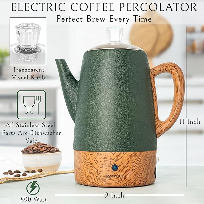 Mixpresso Percolator Coffee Pot Electric 10 Cup, Green Coffee Maker, Coffee Percolator Electric With Keep Warm Function, 10 Cups Stainless Steel Perculator With Basket (Shiny Green)