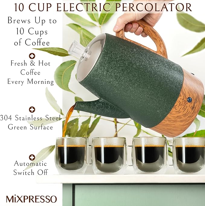 Mixpresso Percolator Coffee Pot Electric 10 Cup, Green Coffee Maker, Coffee Percolator Electric With Keep Warm Function, 10 Cups Stainless Steel Perculator With Basket (Shiny Green)