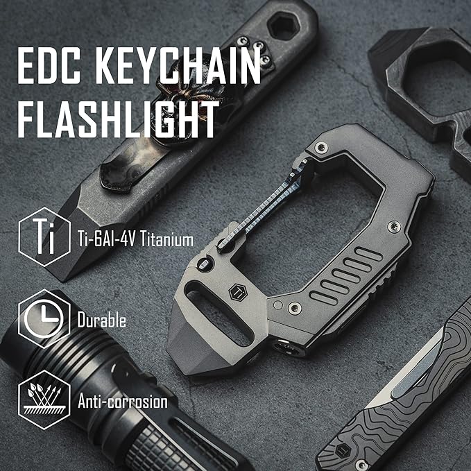 KeyUnity KF02 Titanium Multitool Carabiner Clip, 7 in 1 Multifunctional Keychain Flashlight for Camping, Hiking & Outdoor Activities