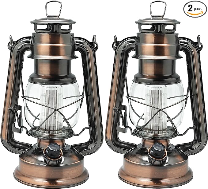 YAKii LED Vintage Lantern Metal Hanging Hurricane Lantern 12 LED Dimmer Switch Warm White Battery Operated Lantern Power Outage Indoor Camping Lighting Outdoor Brooklyn Lantern (Copper 2 Pack)