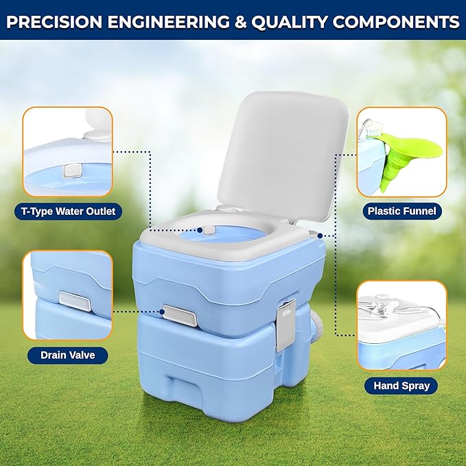 SereneLife 20L Portable Toilet for RV Camping, Boating, and Other Recreational Activities, 120 Flushes, Detachable Waste Tank with Hand Sprayer and Carry Bag, Comfortable Camping Toilet