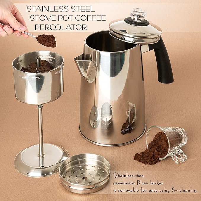 Mixpresso Stainless Steel Stovetop Coffee Percolator, 52 oz Classic Percolator Coffee Pot, Excellent As Camping Pot, 12 Cup Stainless Steel Camping Coffee Makers, Cool-Touch Handle.