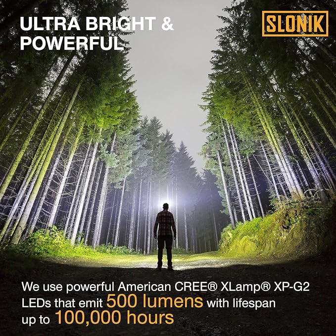 SLONIK Rechargeable Headlamp Flashlight - 500 Lumens Ultra Bright Headlight - IPX8 Waterproof Head Lamp Light for Outdoor Running, Hiking Gear, Hard Hat Helmet - Camping Accessories for Adults, Black