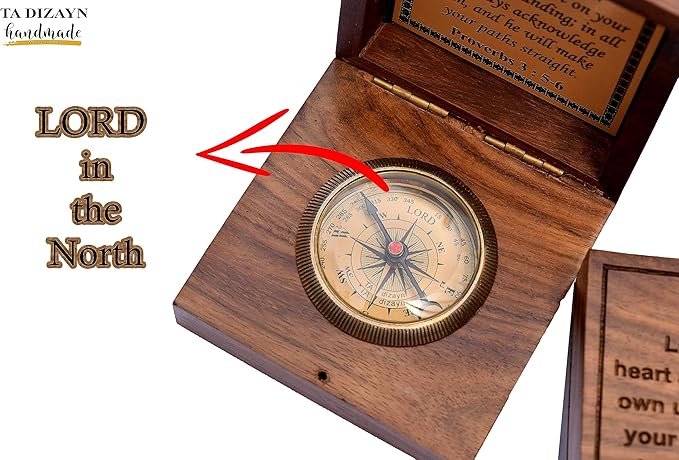 Trust in The Lord with All Your Heart -Proverbs 3: 5-6 Quote Brass Compass Gift with Wooden Box -Religious Gift for Men & Women -Christian, Catholic, Graduation, Sentimental & Inspirational Present