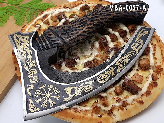 SHINY CRAFTS-Norse Viking Axe Wedding Gifts Camping Axe Berserker Axes-Handmade Viking Pizza Axe Authentic Medieval Pizza Cutter Axe with Carved Handle & Leather Sheath (VBA-27-A)