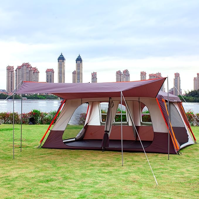 KTT Extra Large Tent 10-12-14 Person(B),Family Cabin Tents,2 Rooms,3 Doors and 3 Windows with Mesh,Straight Wall,Waterproof,Double Layer,Big Tent for Outdoor,Picnic,Camping,Family Gathering