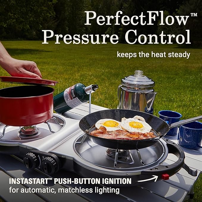 Coleman Fold N Go 2-Burner Propane Camping Stove, Portable Folding Camp Stove with Push-Button Instant Ignition, 2 Adjustable Burners with 20,000 BTUs of Power for Camping, Tailgating, BBQ, & More