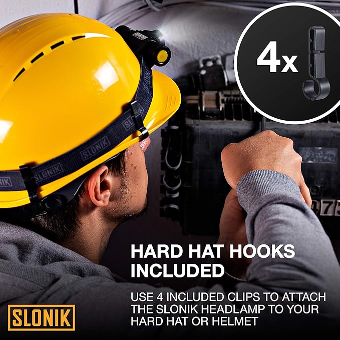 SLONIK Rechargeable Headlamp Flashlight - 500 Lumens Ultra Bright Headlight - IPX8 Waterproof Head Lamp Light for Outdoor Running, Hiking Gear, Hard Hat Helmet - Camping Accessories for Adults, Black