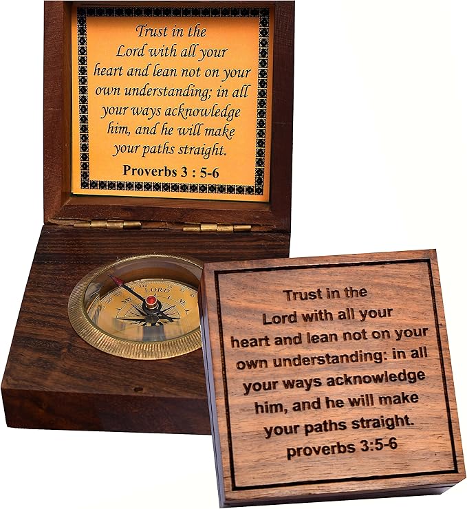Trust in The Lord with All Your Heart -Proverbs 3: 5-6 Quote Brass Compass Gift with Wooden Box -Religious Gift for Men & Women -Christian, Catholic, Graduation, Sentimental & Inspirational Present