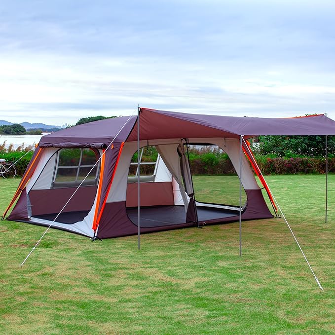 KTT Extra Large Tent 10-12-14 Person(B),Family Cabin Tents,2 Rooms,3 Doors and 3 Windows with Mesh,Straight Wall,Waterproof,Double Layer,Big Tent for Outdoor,Picnic,Camping,Family Gathering