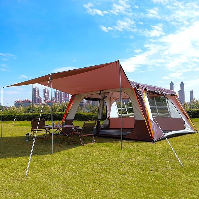 KTT Extra Large Tent 10-12-14 Person(B),Family Cabin Tents,2 Rooms,3 Doors and 3 Windows with Mesh,Straight Wall,Waterproof,Double Layer,Big Tent for Outdoor,Picnic,Camping,Family Gathering