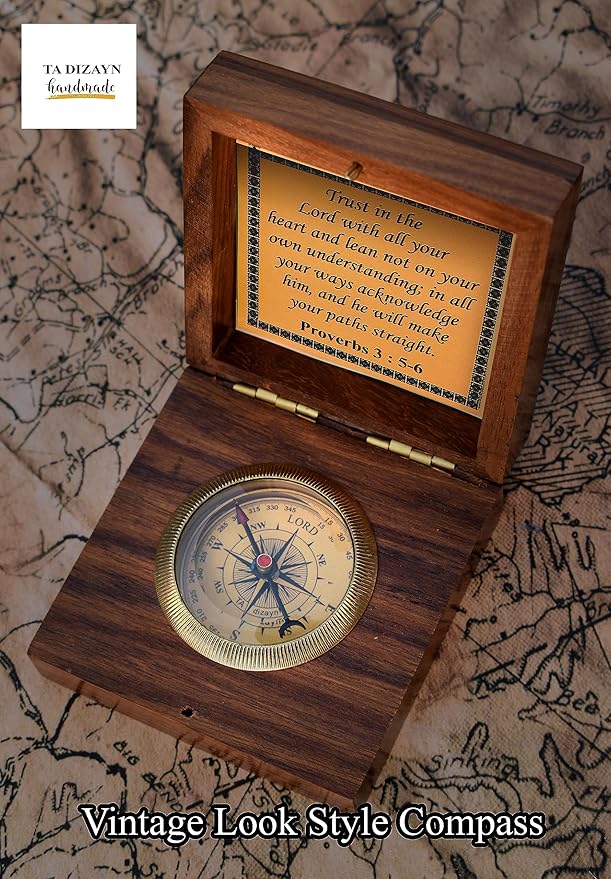 Trust in The Lord with All Your Heart -Proverbs 3: 5-6 Quote Brass Compass Gift with Wooden Box -Religious Gift for Men & Women -Christian, Catholic, Graduation, Sentimental & Inspirational Present