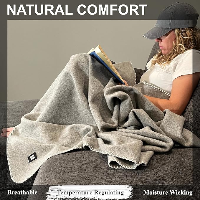 EKTOS 100% Virgin Wool Blanket, 50" x 60", Great Couch Throws, Lap Blankets (Light Gray, Throw Size)