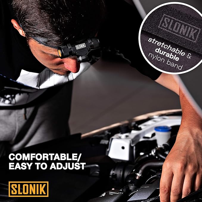 SLONIK Rechargeable Headlamp Flashlight - 500 Lumens Ultra Bright Headlight - IPX8 Waterproof Head Lamp Light for Outdoor Running, Hiking Gear, Hard Hat Helmet - Camping Accessories for Adults, Black
