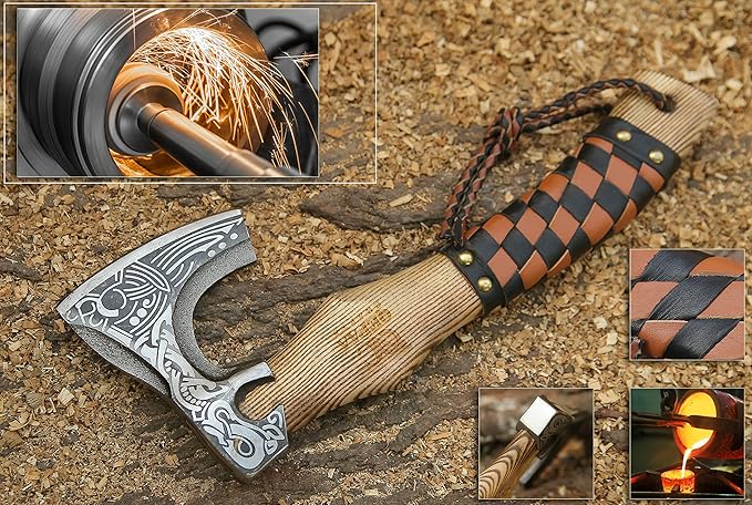 13” Inch Valhalla Axe – Carbon Steel Viking Axe Head with Engraved Handle, Hatchet Axe with Genuine Leather Sheath and Wrap, Camping Axe, Throwing Axe -Viking Gift for Men