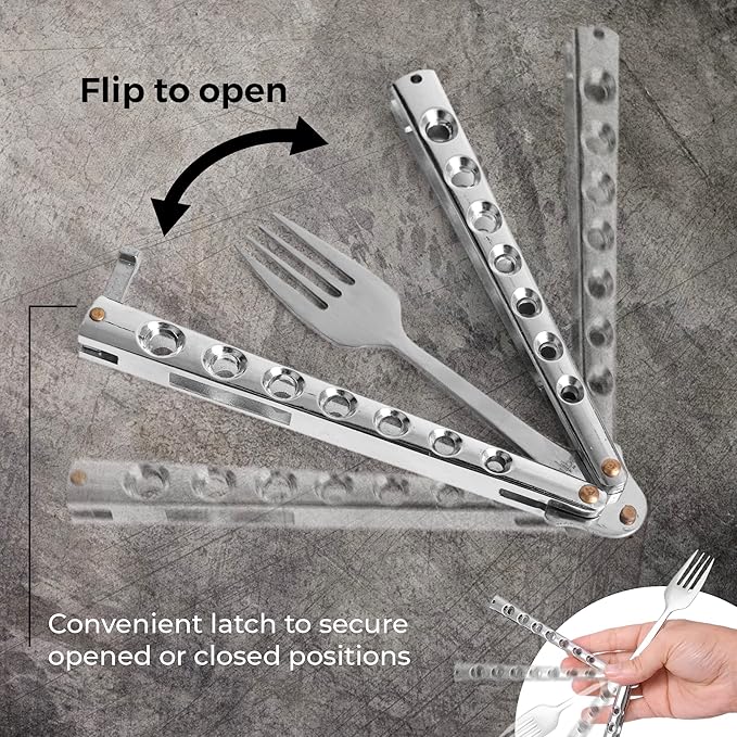 Caliber Gourmet Tactical Butterfly knife style Fork-Folding Stainless Steel Camping Hiking BBQ Grill Picnic Flatware Utensil