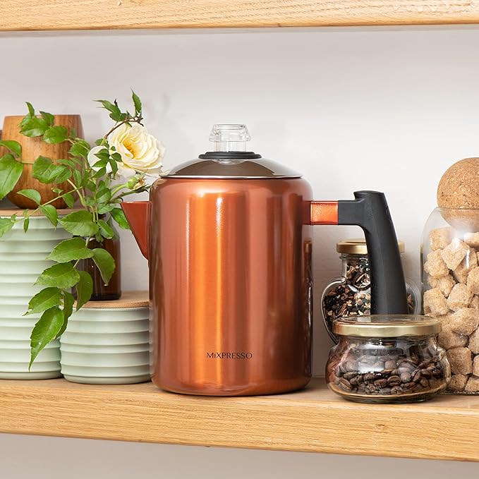 Mixpresso Copper Stainless Steel Coffee Percolator Stovetop, 37oz Classic Percolator Coffee Pot, Excellent For Camping Pot, 5-8 Cup Stove Top Coffee Maker, Cool-Touch Handle
