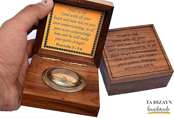 Trust in The Lord with All Your Heart -Proverbs 3: 5-6 Quote Brass Compass Gift with Wooden Box -Religious Gift for Men & Women -Christian, Catholic, Graduation, Sentimental & Inspirational Present