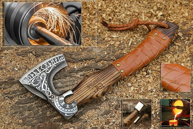 13” Inch Viking Axe- Ash Wood Handle Hatchets and Axes with Leather Wrap, Wood Splitting Axe, Camping Axe, Throwing Axes and Tomahawks - Gift for Father’s day, Husband(Rare Viking)