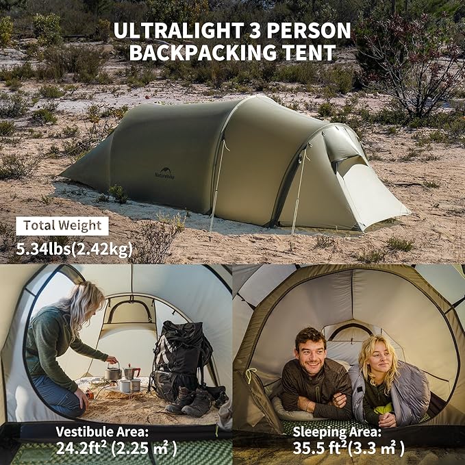 Naturehike Opalus 2/3 Person Tunnel Tent, Lightweight Backpacking Tent with Vestibule, Double Wall 4 Season Tents for Camping