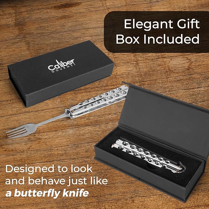 Caliber Gourmet Tactical Butterfly knife style Fork-Folding Stainless Steel Camping Hiking BBQ Grill Picnic Flatware Utensil