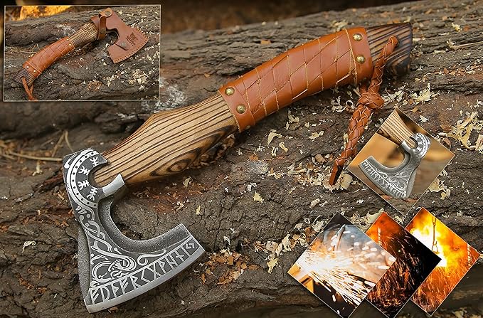 13” Inch Viking Axe- Ash Wood Handle Hatchets and Axes with Leather Wrap, Wood Splitting Axe, Camping Axe, Throwing Axes and Tomahawks - Gift for Father’s day, Husband(Rare Viking)