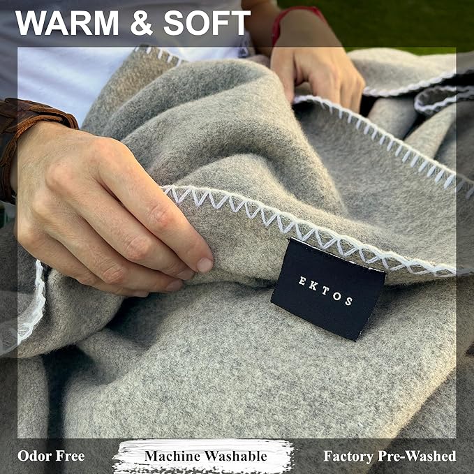 EKTOS 100% Virgin Wool Blankets, 90" x 78", Better Than US Army Navy Surplus Supplies (Light Gray, Full Size)