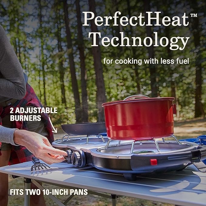 Coleman Fold N Go 2-Burner Propane Camping Stove, Portable Folding Camp Stove with Push-Button Instant Ignition, 2 Adjustable Burners with 20,000 BTUs of Power for Camping, Tailgating, BBQ, & More