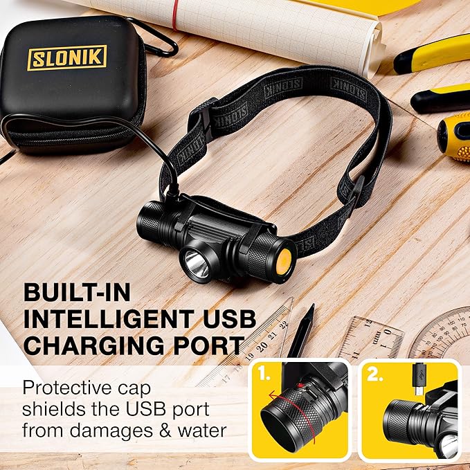 SLONIK Rechargeable Headlamp Flashlight - 500 Lumens Ultra Bright Headlight - IPX8 Waterproof Head Lamp Light for Outdoor Running, Hiking Gear, Hard Hat Helmet - Camping Accessories for Adults, Black