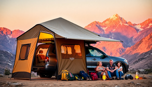 "A spacious SUV camping tent with mesh windows and a connected vehicle, set against a mountain sunrise backdrop
