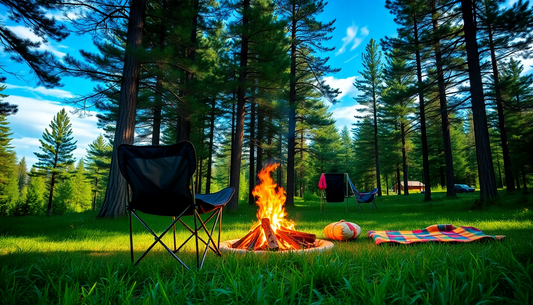 A lightweight black foldable camping chair with a 600D Oxford fabric placed on a grassy camping site near a campfire