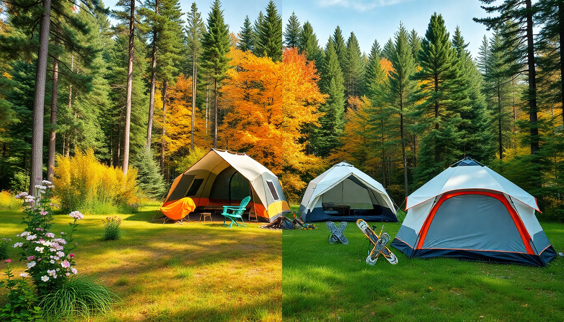Waterproof camping tent set up in a rainy forest during spring camping.