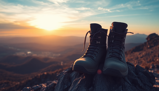 Durable all-terrain hiking boots with strong ankle support on a rocky trail