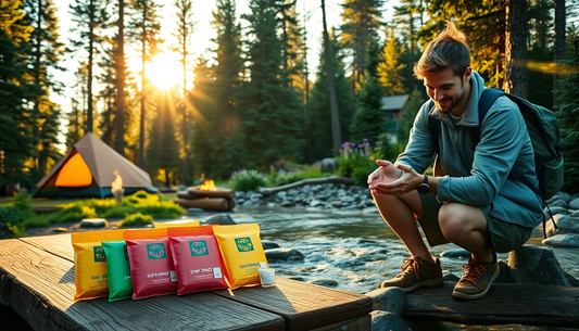 DF DUALFERV Camp Soap Sheets displayed on a camping table, with a person washing hands in a natural outdoor setting.
