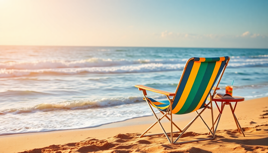 A WEJOY folding beach chair sits on a serene beach at sunset, surrounded by warm orange hues and gentle waves.