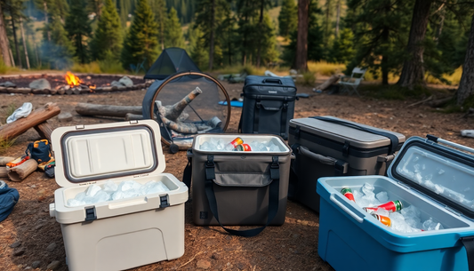 Insulated cooler bag keeping food and drinks cold while camping.