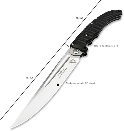 HUAAO 12 INCH Russian Avatar Folding Knife for Men,D2 Blade Black G10 Handles Tactical Survival Gear Saber Knives,Safety Liner Lock,Flipper Assisted Outdoor Camping Tool (White blade)